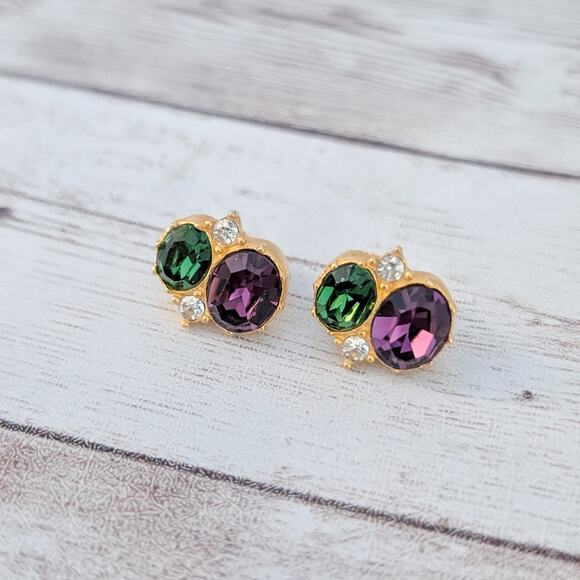 Vintage Museum of Fine Arts Boston Clip On Earrings Green, Purple, Clear Gems - Picture 3 of 5